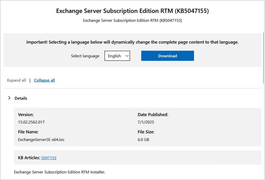 Exchange Server Subscription Edition RTM download
