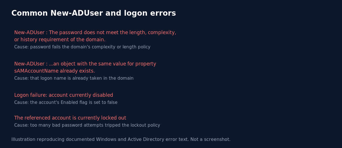 Reference card of common New-ADUser and Windows logon error messages with their causes