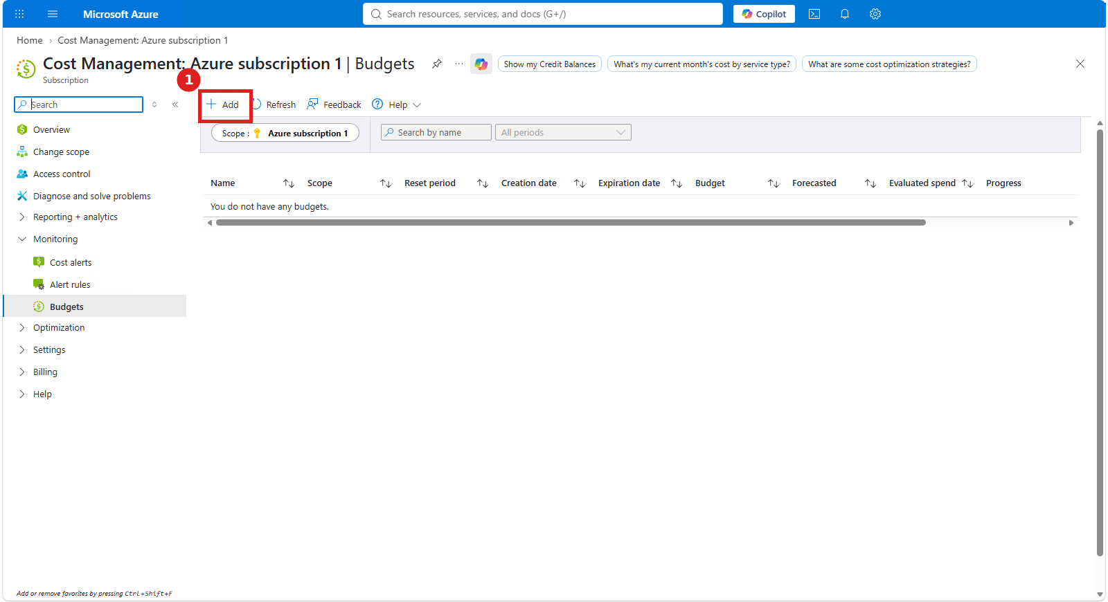 Azure Cost Management Budgets page with the Add button highlighted