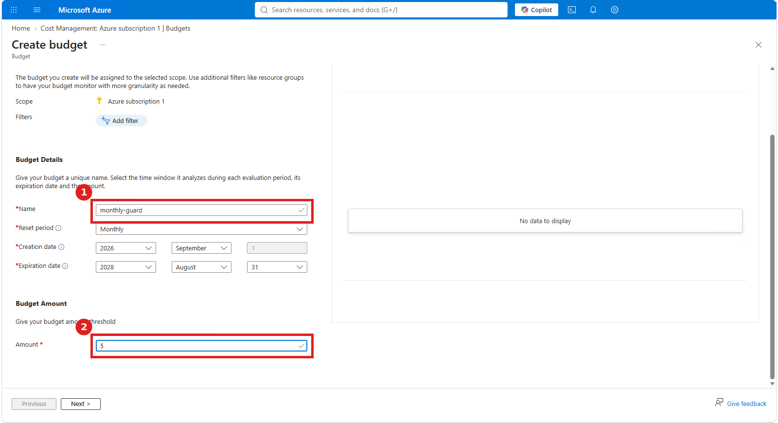Create budget form with name monthly-guard and amount 5