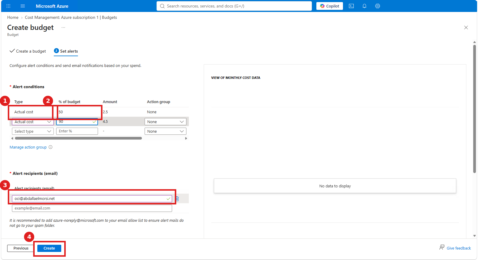 Set alerts page with 50 and 90 percent actual cost alerts and an email recipient