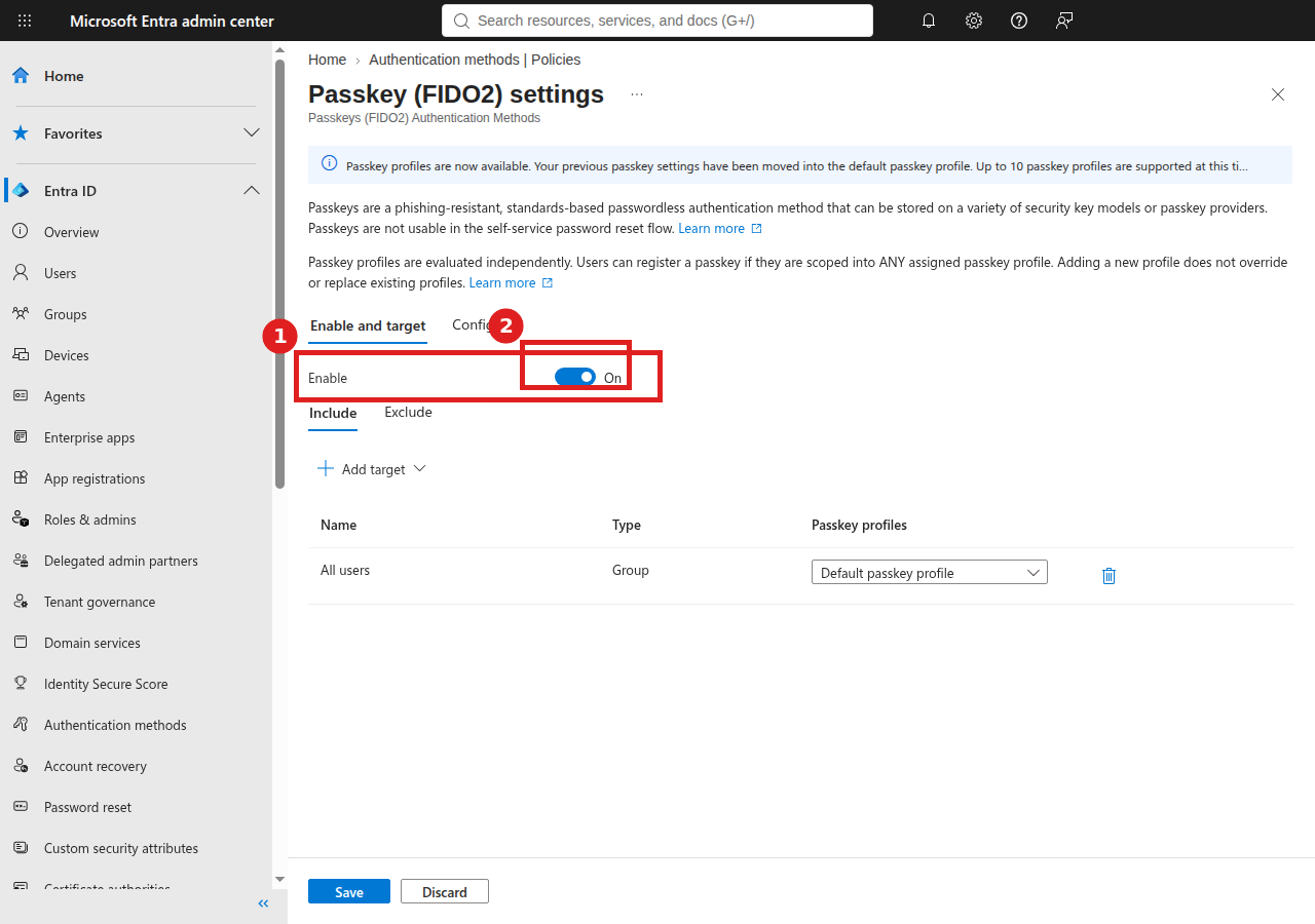 Entra Passkey FIDO2 settings with Enable switched on for All users