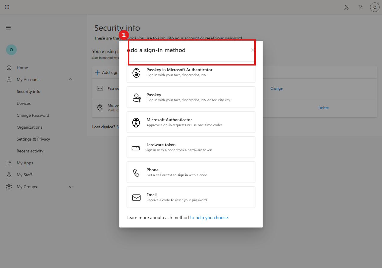 Add a sign-in method dialog listing Passkey options