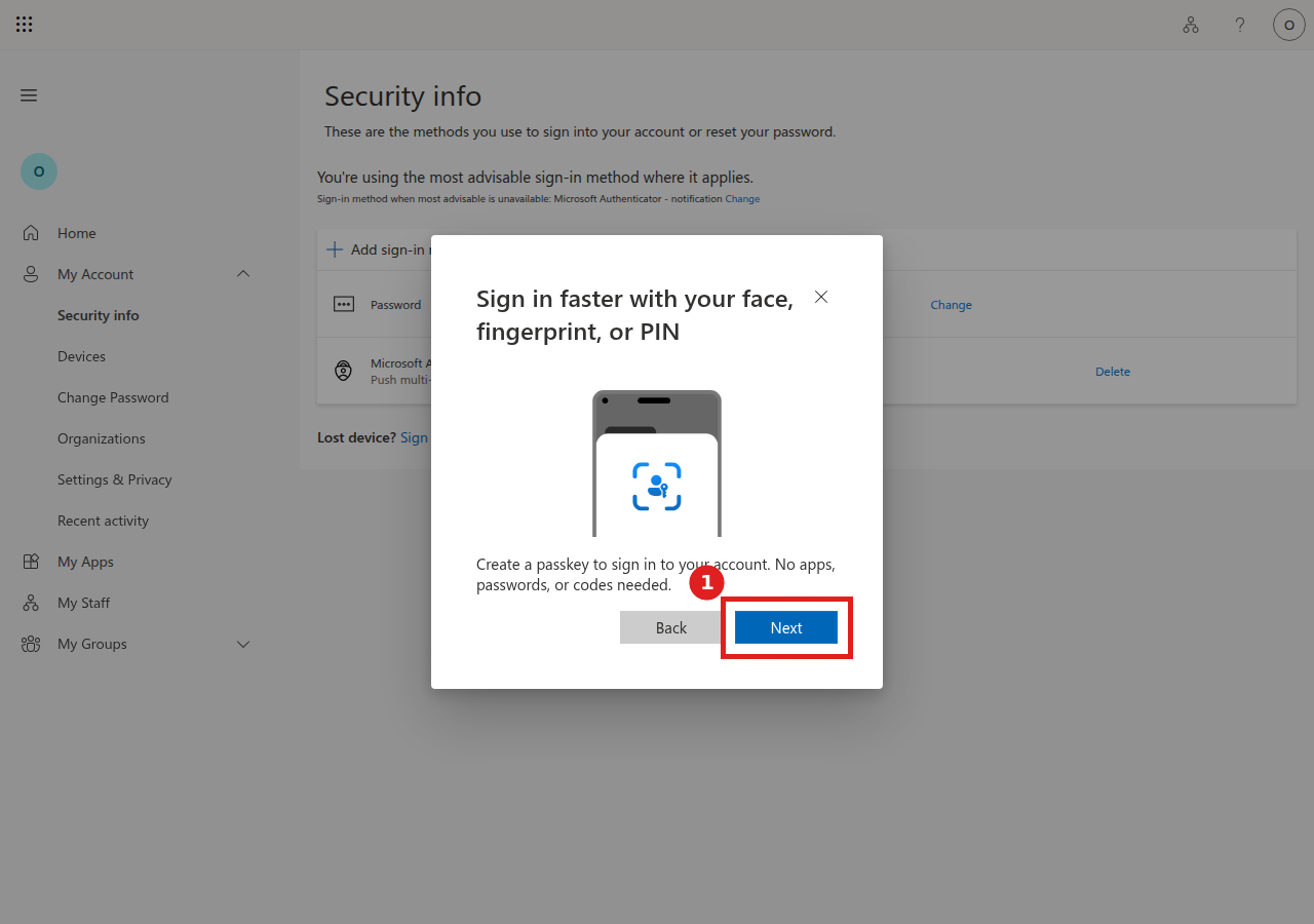 Sign in faster with your face, fingerprint, or PIN screen with Next button