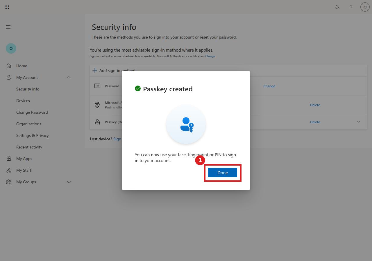 Passkey created confirmation