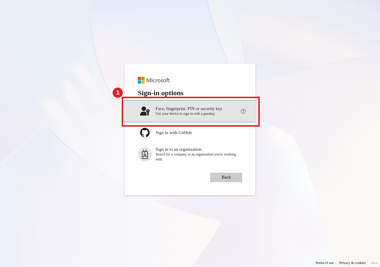 Sign-in options page with the passkey choice highlighted