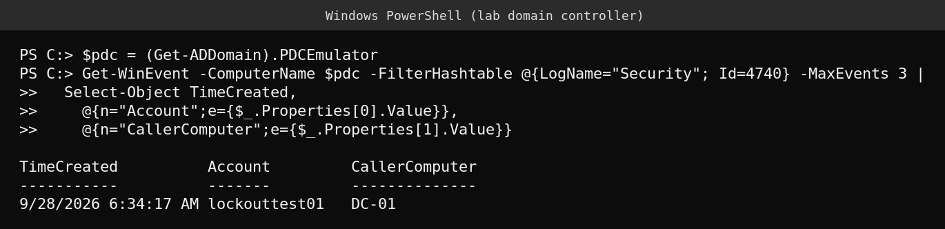 Event 4740 details showing the account name and caller computer on the PDC emulator