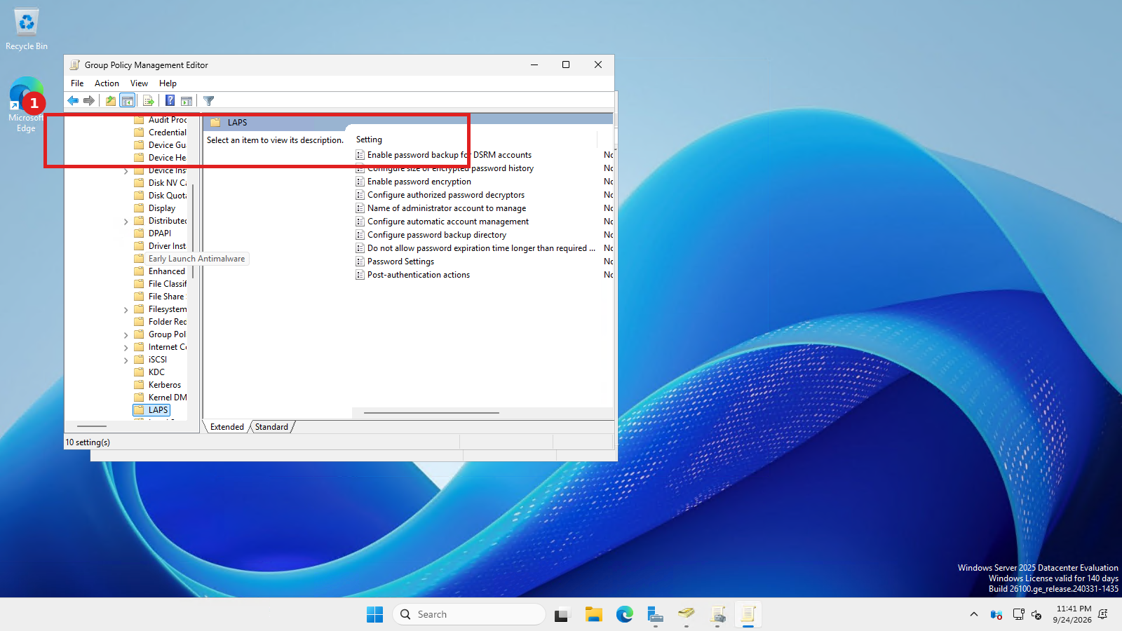 Windows LAPS Group Policy settings list showing all 10 available policies