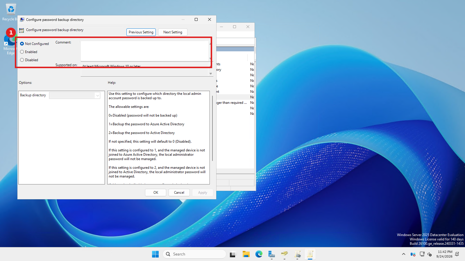 Configure password backup directory policy dialog with help text explaining the three options