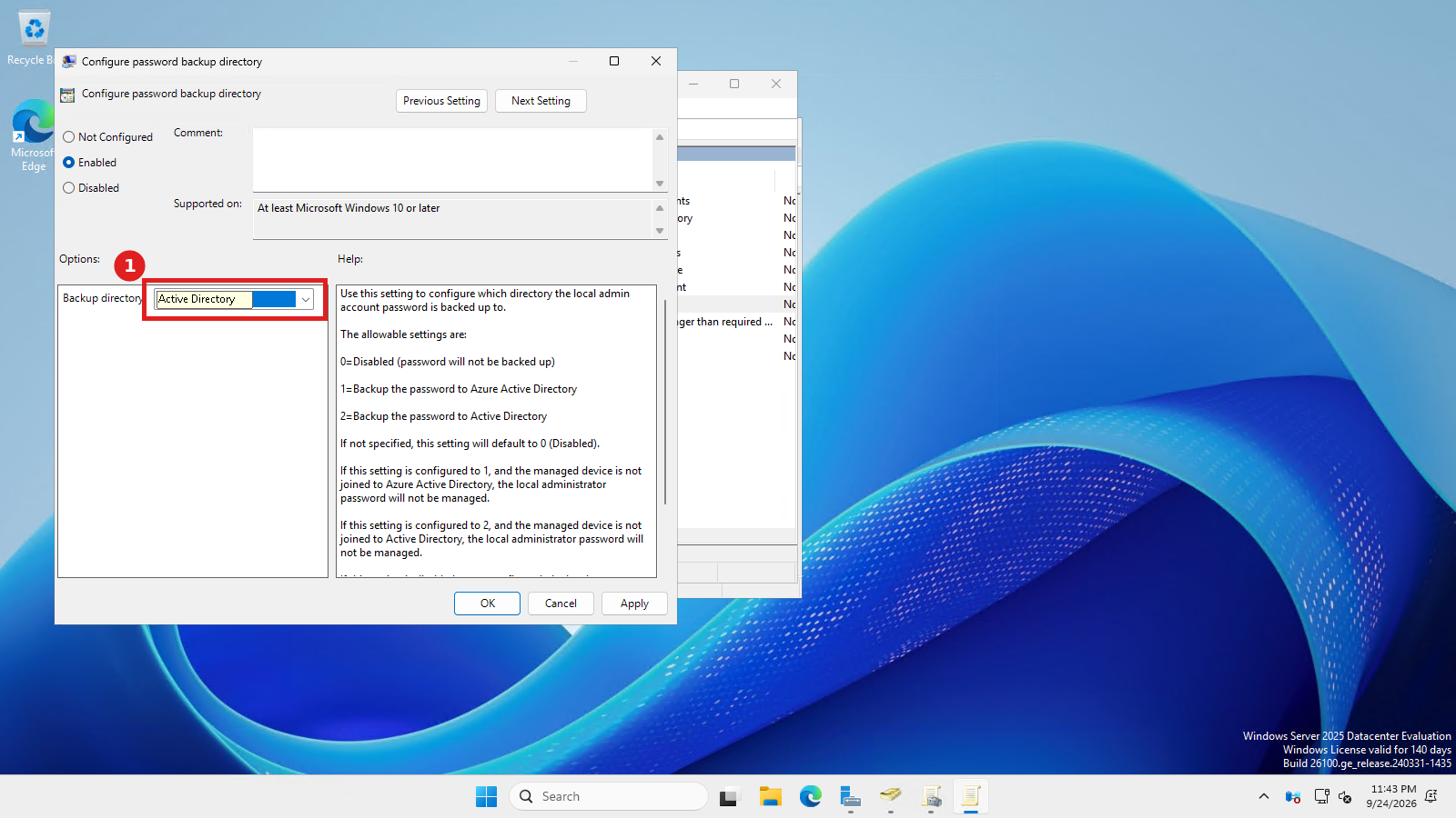 Backup directory dropdown with Active Directory selected