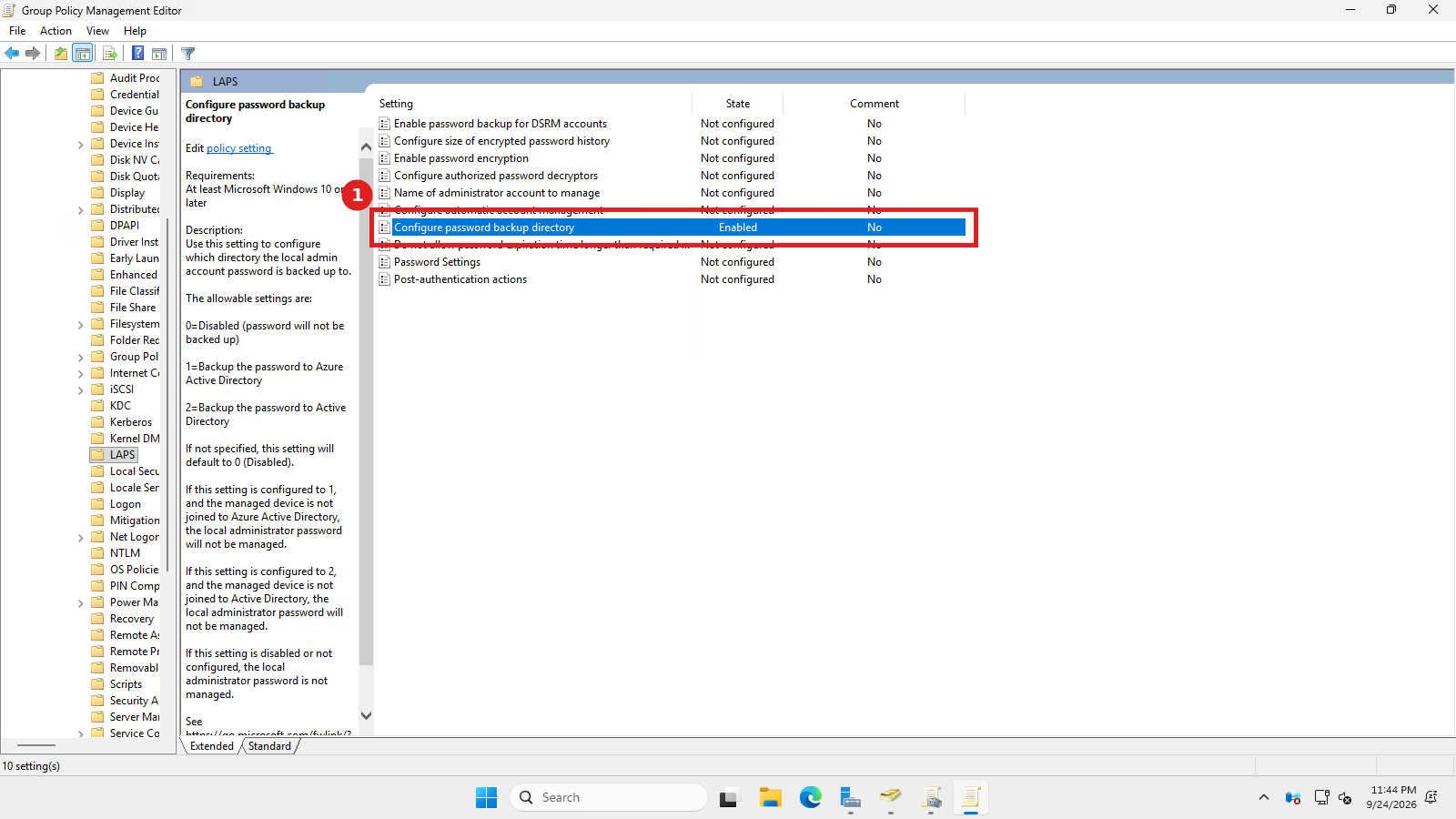 Configure password backup directory setting showing State as Enabled