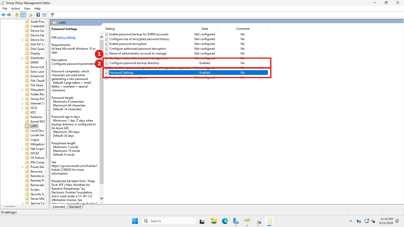 Both Configure password backup directory and Password Settings showing State as Enabled