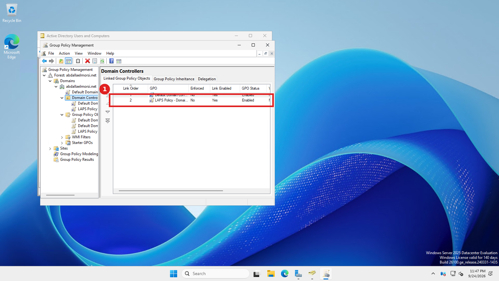 Domain Controllers OU showing the LAPS Policy GPO linked and enabled