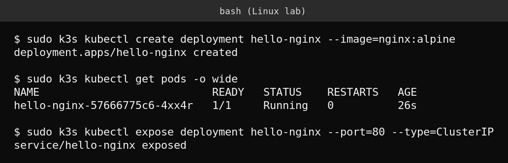 Real terminal output deploying and exposing an nginx pod with kubectl