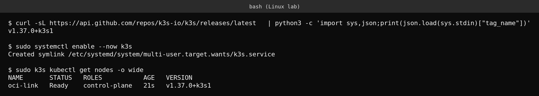 Real terminal output installing k3s and checking cluster nodes