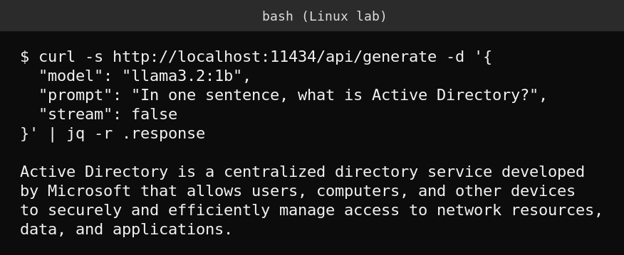 Real API response from Ollama answering a question about Active Directory