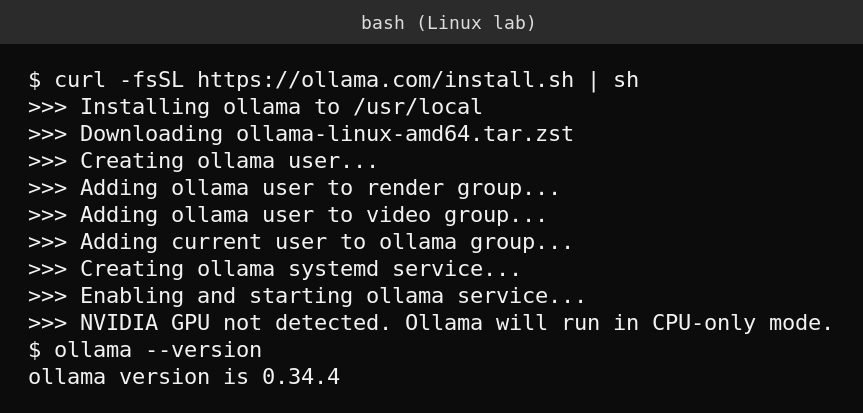 Real terminal output of the Ollama install script running on a Linux lab machine
