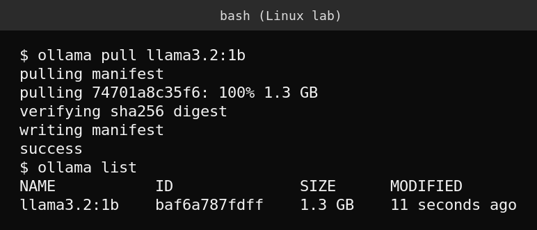 Real terminal output of ollama pull and ollama list on the Linux lab machine