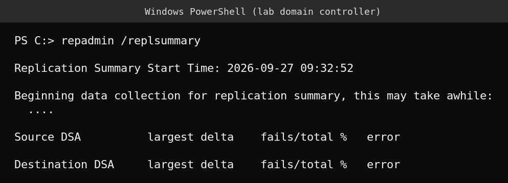 repadmin /replsummary output on a lab domain controller