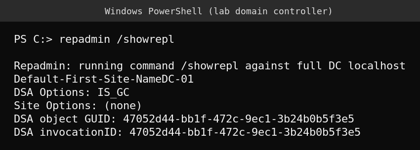 repadmin /showrepl output on a lab domain controller