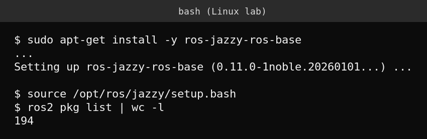 Real terminal output installing ROS 2 Jazzy base packages on Ubuntu 24.04