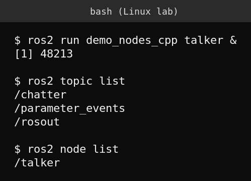 Real terminal output running the ROS 2 demo talker node and listing active topics and nodes