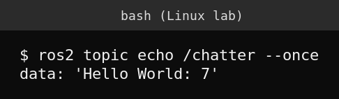 Real terminal output showing a live message received from the ROS 2 chatter topic