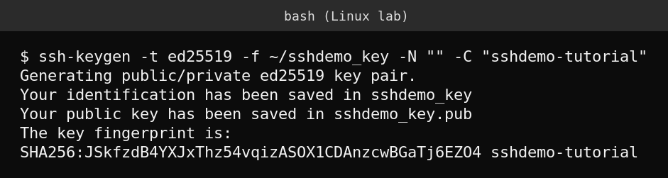 Real terminal output generating an ed25519 SSH key pair