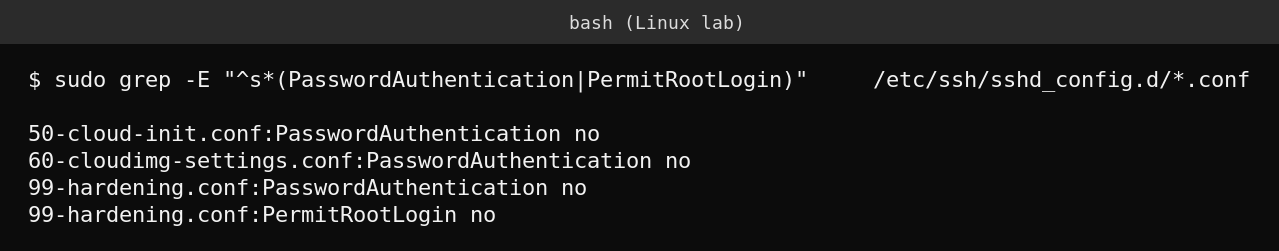 Real sshd_config showing PasswordAuthentication no and PermitRootLogin no across multiple config files