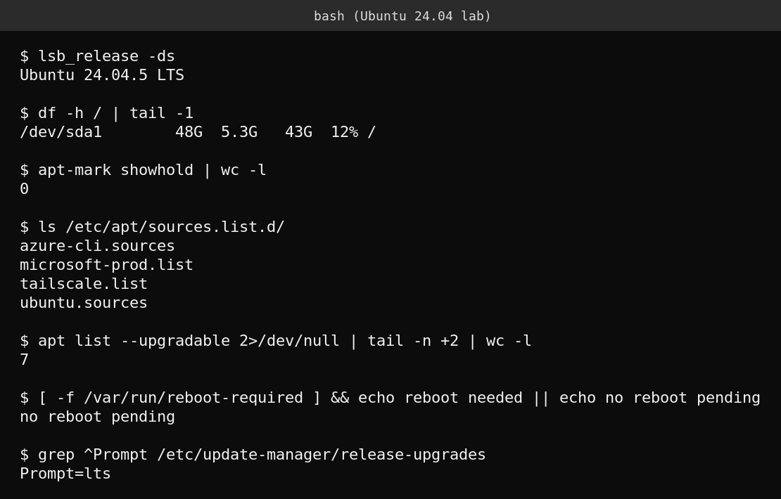 Terminal output of Ubuntu upgrade preflight checks on a 24.04.5 lab machine