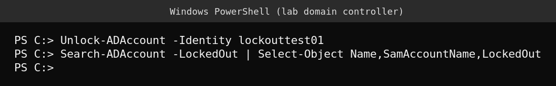 Unlock-ADAccount command clearing the test account lockout