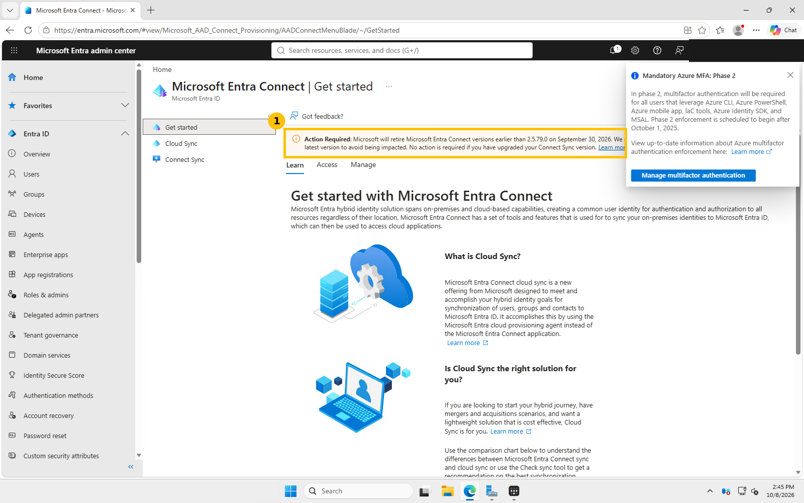 Real screenshot of the Microsoft Entra admin center Get Started page for Microsoft Entra Connect, showing the Cloud Sync and Connect Sync overview and the September 30 2026 retirement notice