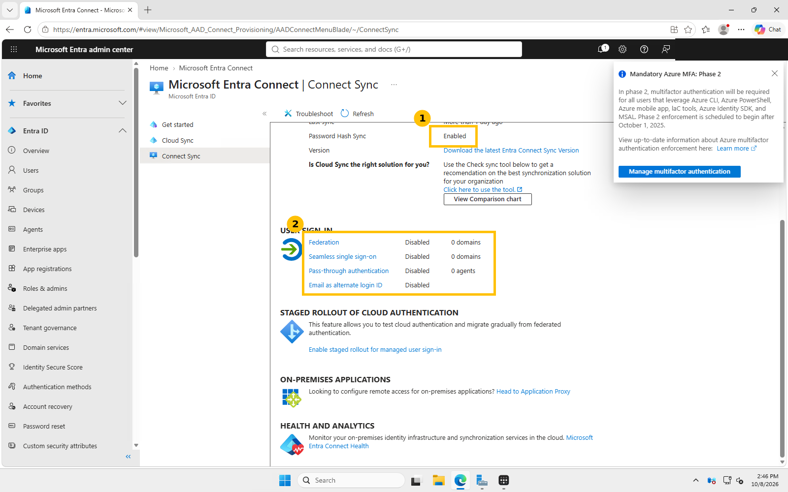 Real screenshot of the Connect Sync status page showing Sync status Enabled, Password Hash Sync Enabled, and Federation, Seamless SSO, and Pass-through authentication all Disabled with 0 domains and 0 agents