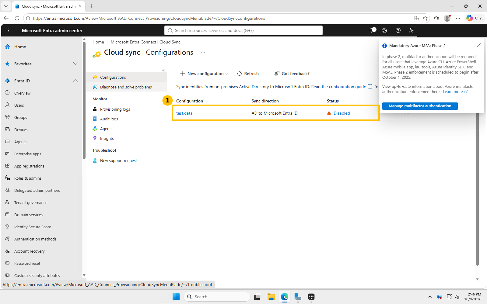 Real screenshot of the Cloud Sync Configurations page showing a configuration named test.data, sync direction AD to Microsoft Entra ID, status Disabled