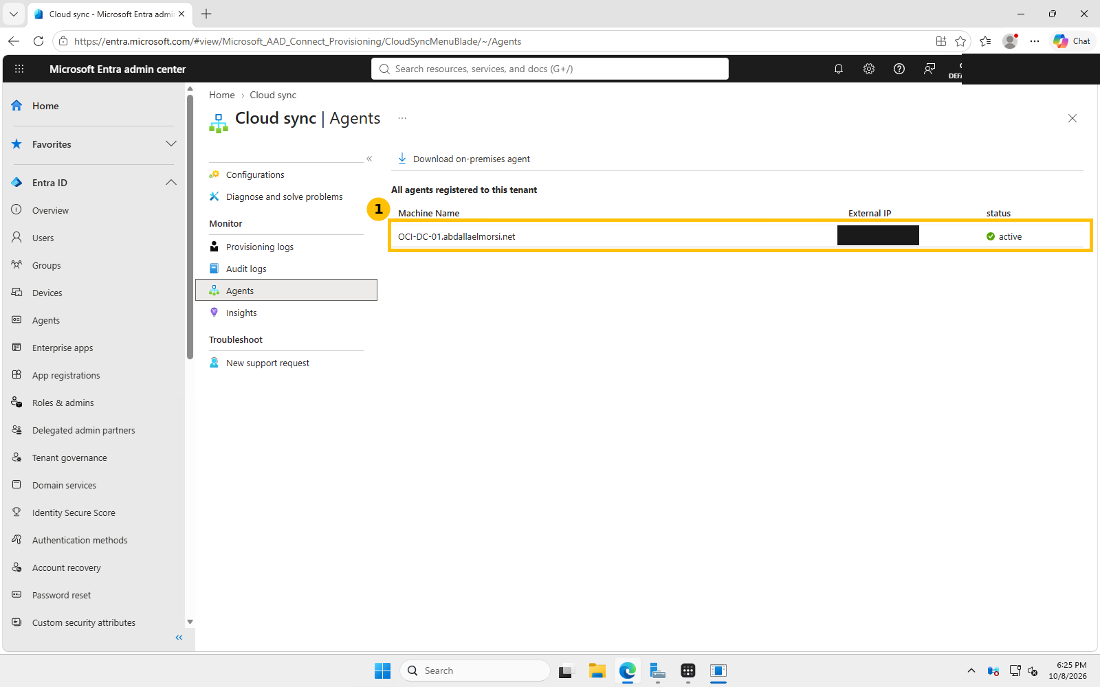 Real screenshot of the Entra admin center Agents page showing a Cloud Sync provisioning agent registered and active