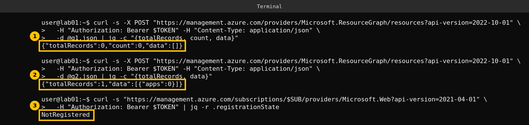 Terminal showing curl calls to the Azure Resource Graph REST endpoint returning zero function apps and the Microsoft.Web provider NotRegistered
