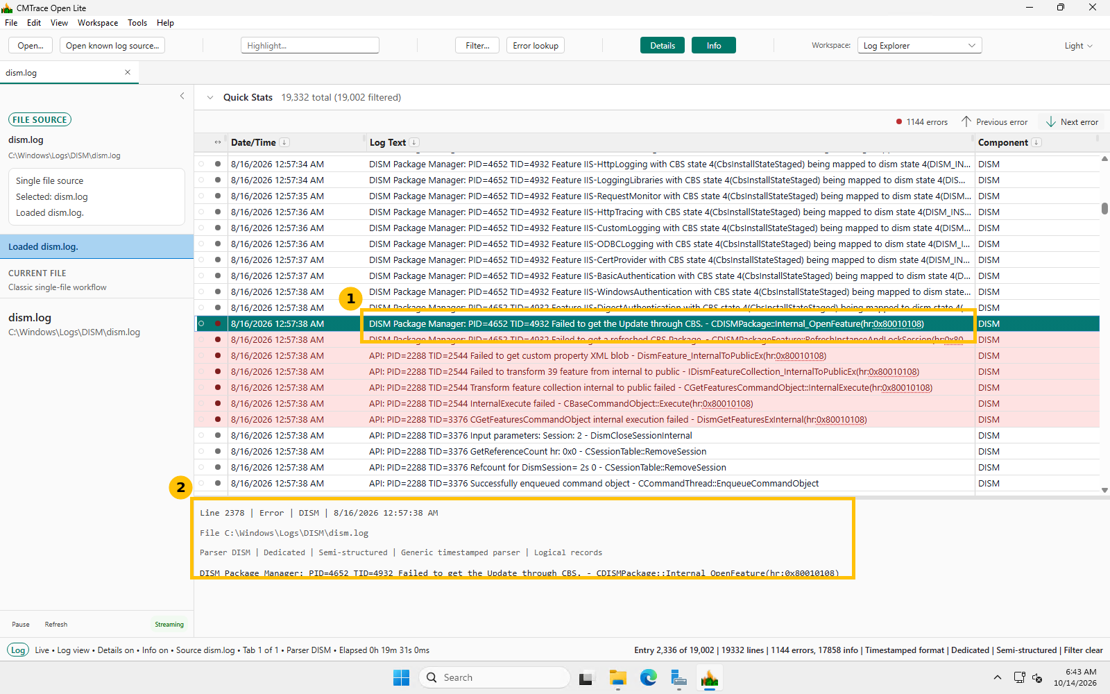 CMTrace Open jumped directly to a real error line, DISM Package Manager failing to get an update through CBS with error code 0x80010108, with the detail pane below showing the exact line number and full text