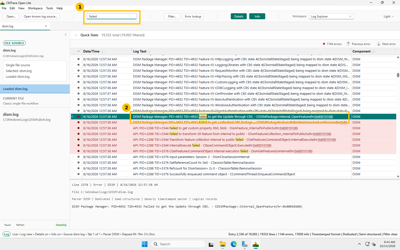 CMTrace Open with the word Failed highlighted in yellow across every matching occurrence in the visible log rows