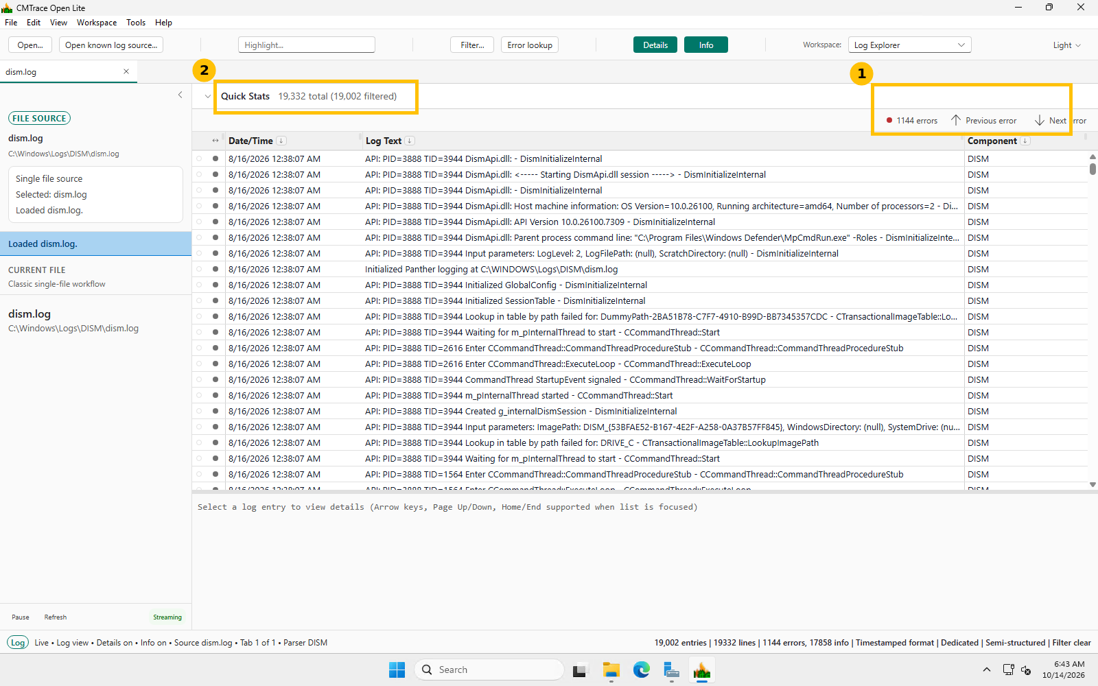 CMTrace Open showing the real DISM log loaded, with Quick Stats reading 19,332 total lines and 1,144 errors automatically detected and counted