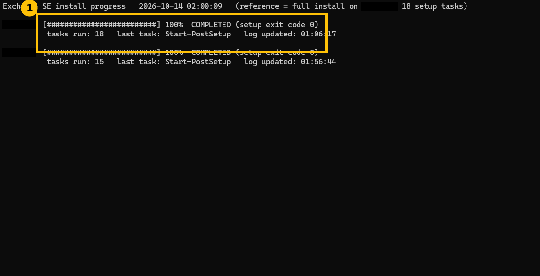 Exchange Server setup progress for both mailbox servers showing 100 percent completed, setup exit code 0, confirming both installs are healthy before DAG configuration begins