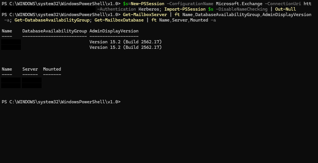 Real Exchange Management Shell output before the DAG exists, showing two mailbox servers on Exchange Server SE build 2562.17 with no DatabaseAvailabilityGroup assigned yet
