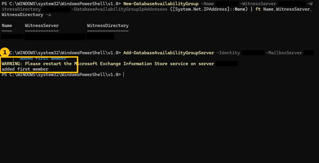 Real output creating a new Database Availability Group with a witness server and directory, then adding the first mailbox server as a member, with Exchange's warning to restart the Information Store service
