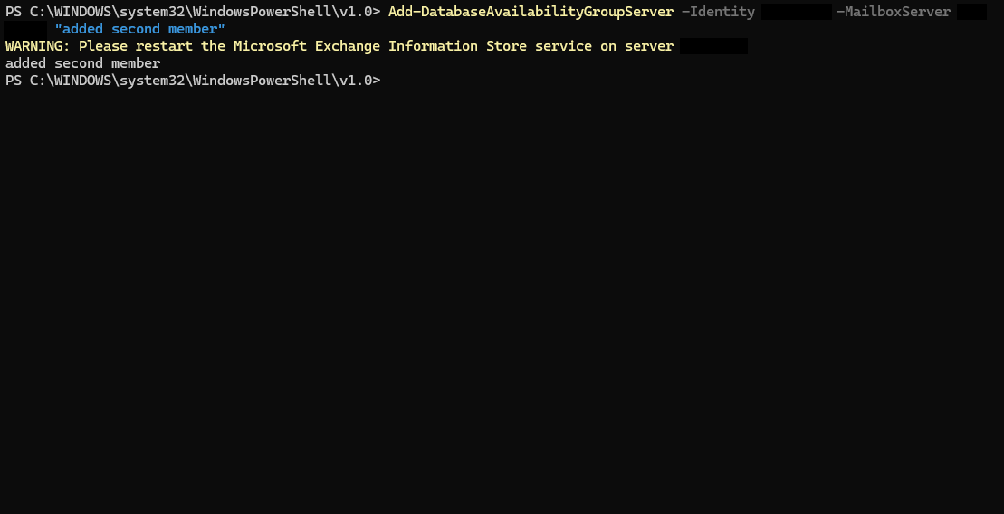 Real output adding the second mailbox server to the DAG, with the same Information Store restart warning for that server