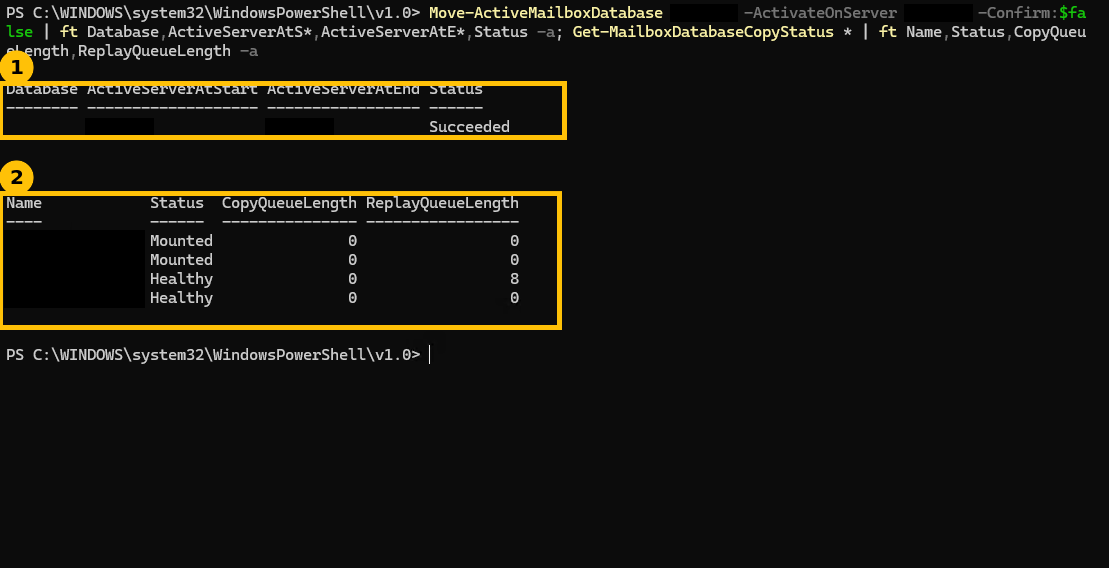 Real output showing Move-ActiveMailboxDatabase succeeding with Status Succeeded, the active server changed from the start server to the end server, followed by copy status confirming all copies still healthy after the move