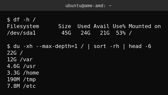 Real terminal output of df -h and du -xh showing disk usage breakdown