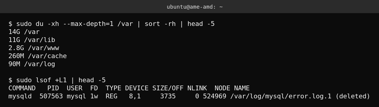 Real terminal output of sudo du on /var and lsof +L1 showing a deleted but still-open log file