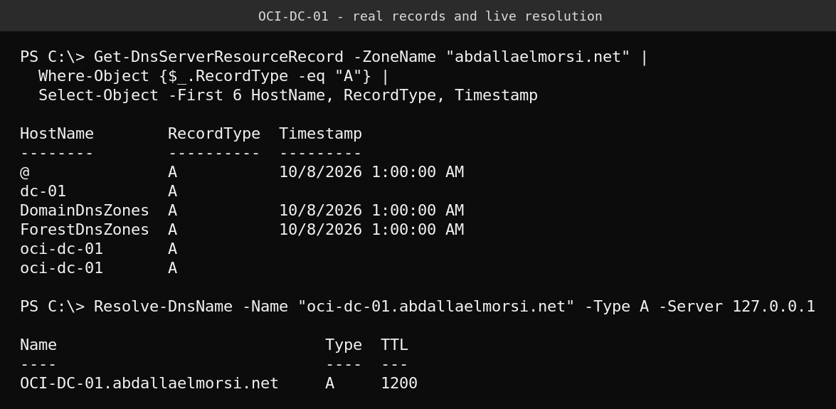 PowerShell output listing real A records in the domain's DNS zone, followed by a real Resolve-DnsName query successfully resolving the domain controller's hostname
