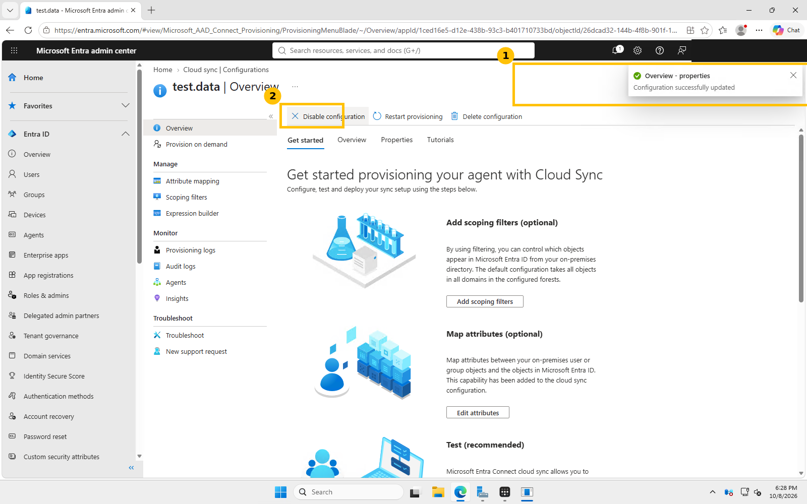 Real screenshot showing a Cloud Sync configuration successfully enabled, with the Disable configuration button now visible confirming it is active
