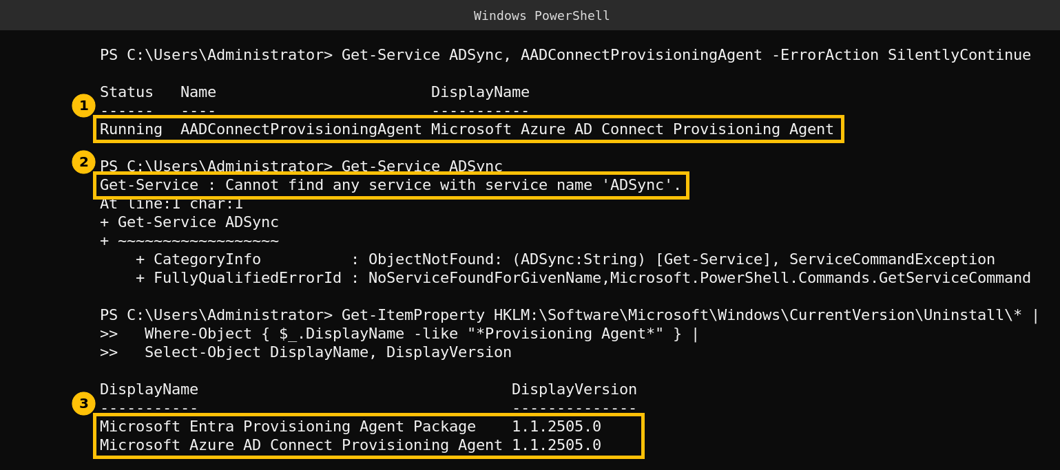 PowerShell session on a lab domain controller showing the Cloud Sync provisioning agent running, the ADSync service not found, and agent version 1.1.2505.0